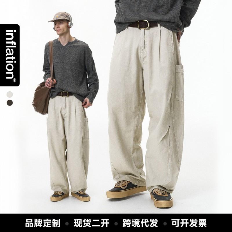 Mens Straight Leg Cargo Pants American Deconstructed Style Loose Fit Multi-Pocket Casual Trousers