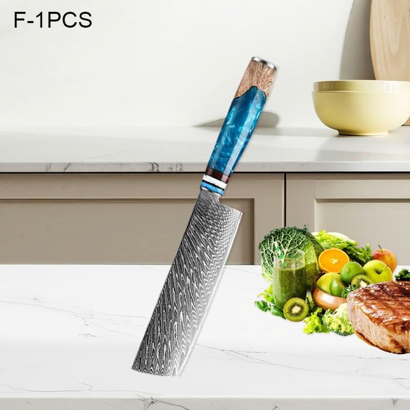 WXCOO 1-6pcs Damascus Steel Kitchen Knives Set Professional Japanese Santoku Knife Fruit Paring Utility Handle Blue Resin Set