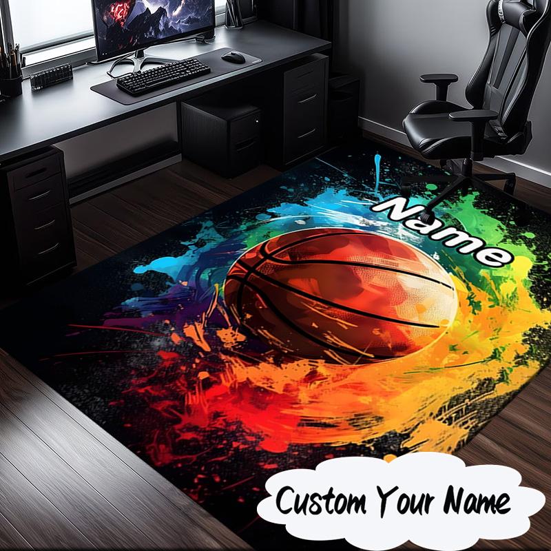 Custom Name Basketball Rug for Living Room, Game Rooms, Office, Bedroom, Floor Mat Playful Design, fan gifts Christmas decor