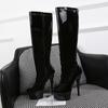 15cm Sexy Women Boots Girls High Heel Boots Pleated Patent Leather Round Toe Zip Shoes Plus Size