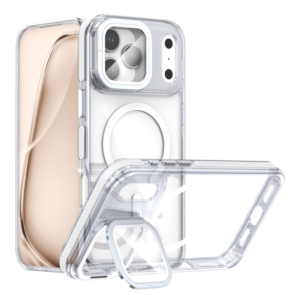 For iPhone 17 Pro Magnetic Case TPU Acrylic Clear Phone Back Cover with Lens Protector Kickstand