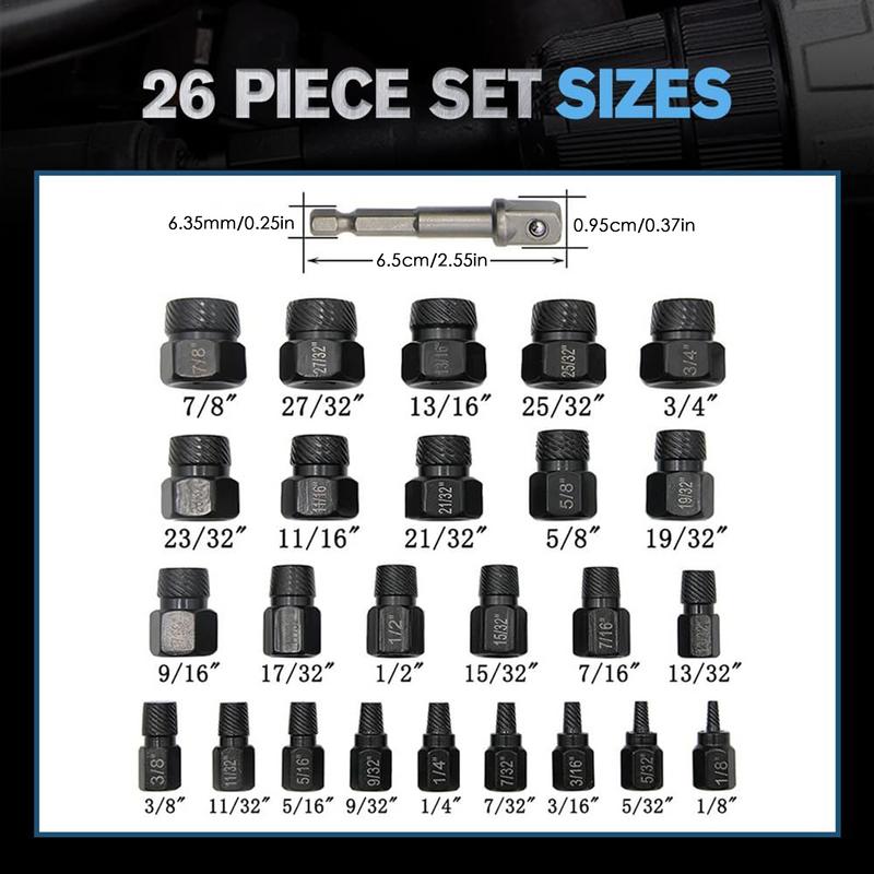 Hex Head Bolt Remover Tool 26pcs Screw Extractor Set Sturdy Tap Extractors Bolt Extractor Kit For Easy Removal Of Broken Screws