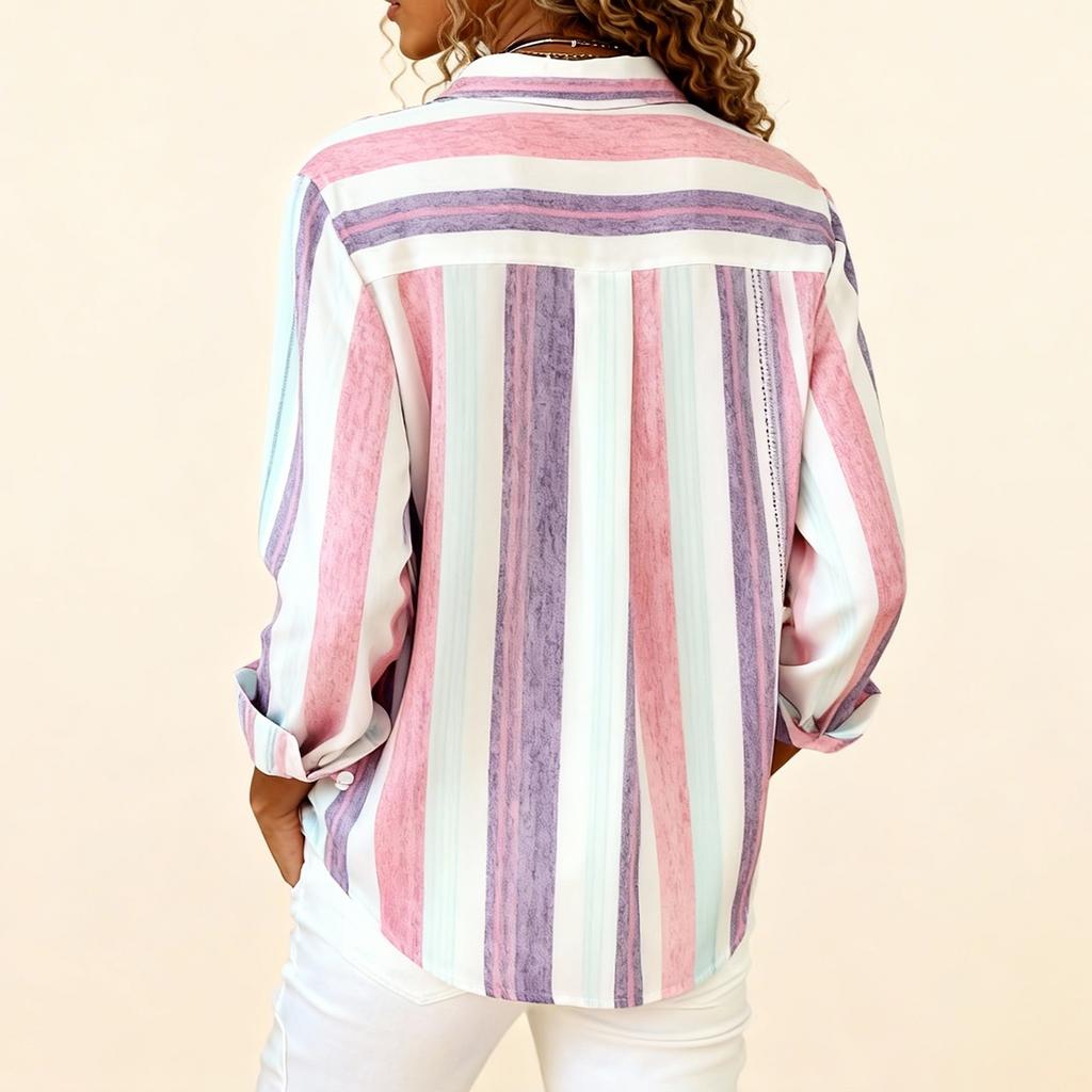 Женская модная повседневная цветная рубашка в полоску с колор-блокингом