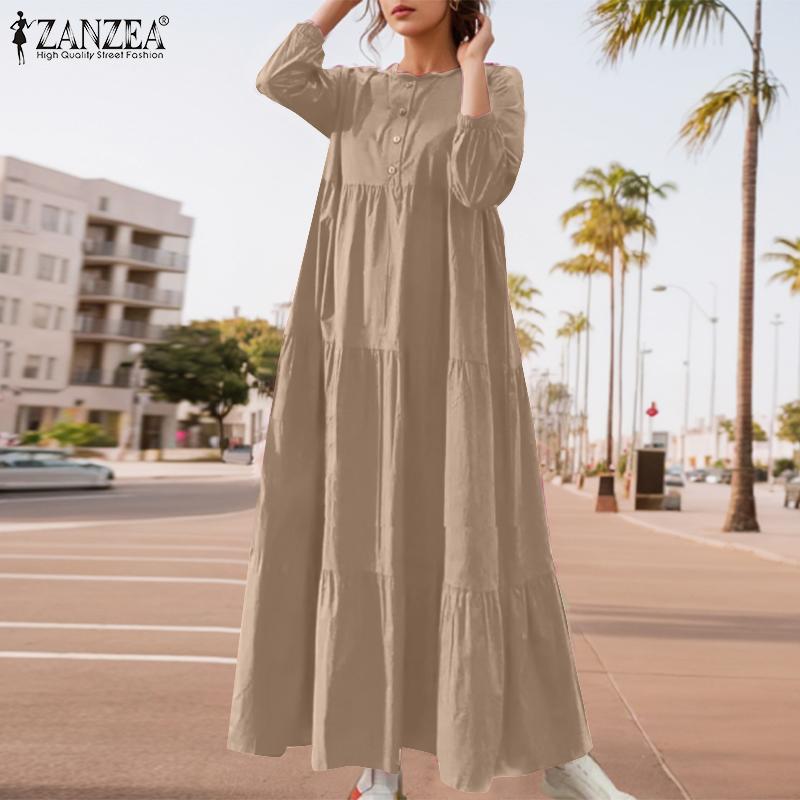 ZANZEA Women Holiday Casual Nine Quarter Sleeve Summer Loose Long Dress
