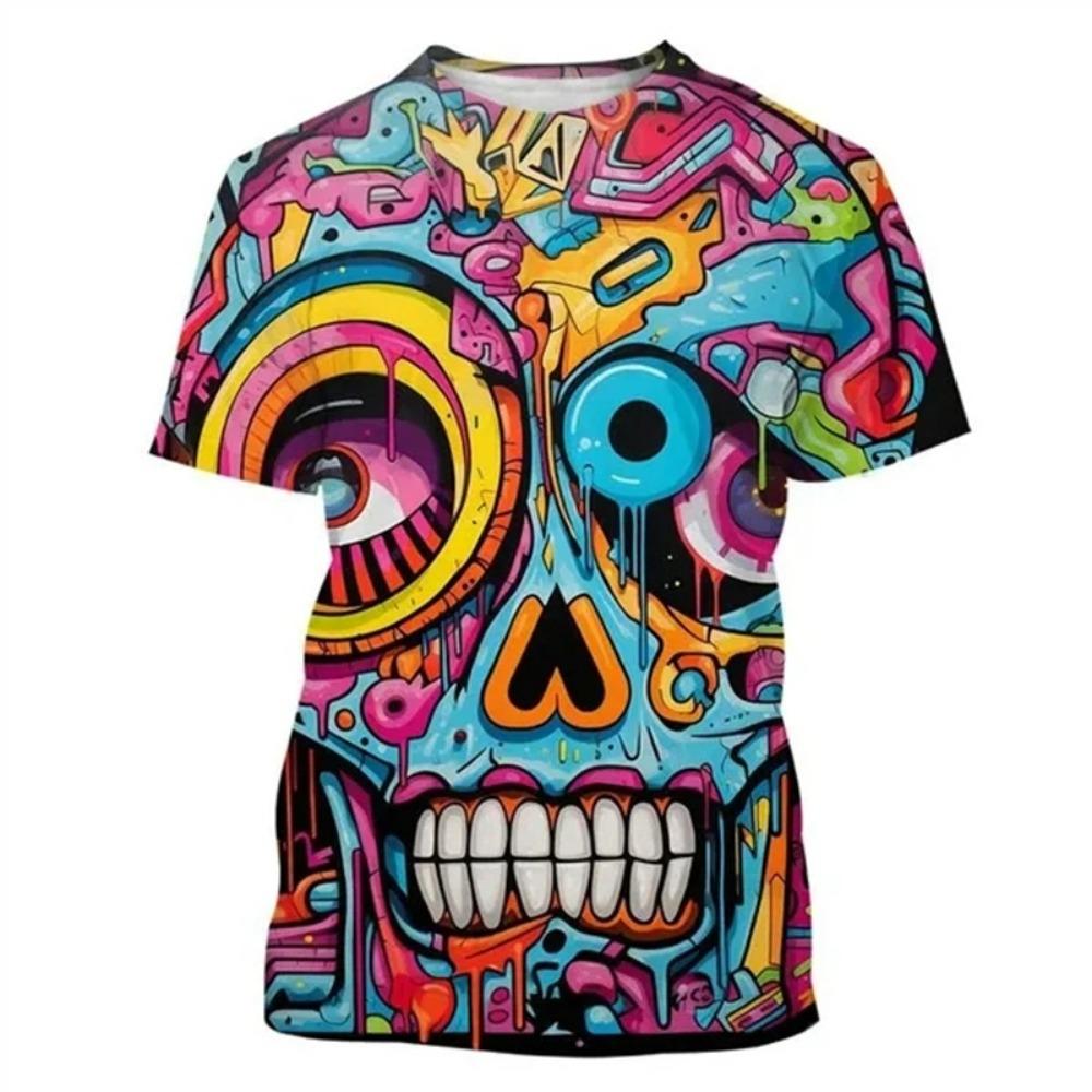 Fashion Colorful Street Graffiti Hip-hop Skull 3D Printing T-shirt Men and Women's Casual T-shirt Short-sleeved Tops Outdoor Street Clothing