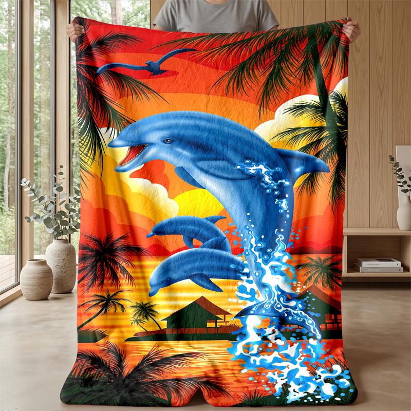 Dolphins Leaping at Sunset 1 Theme blanket Lightweight Warm Flannel Blanket Decorative Throw Blanket for Home Decoration
