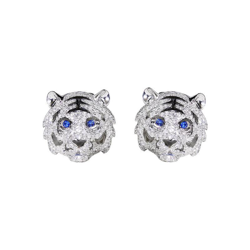 Дизайн тяжелой промышленности Микро-инкрустация бриллиантами Властное кольцо с тигром Женское, Сапфировое ожерелье с тигром и леопардом, Серьги-пусеты со знаком зодиака Тигр, комплект