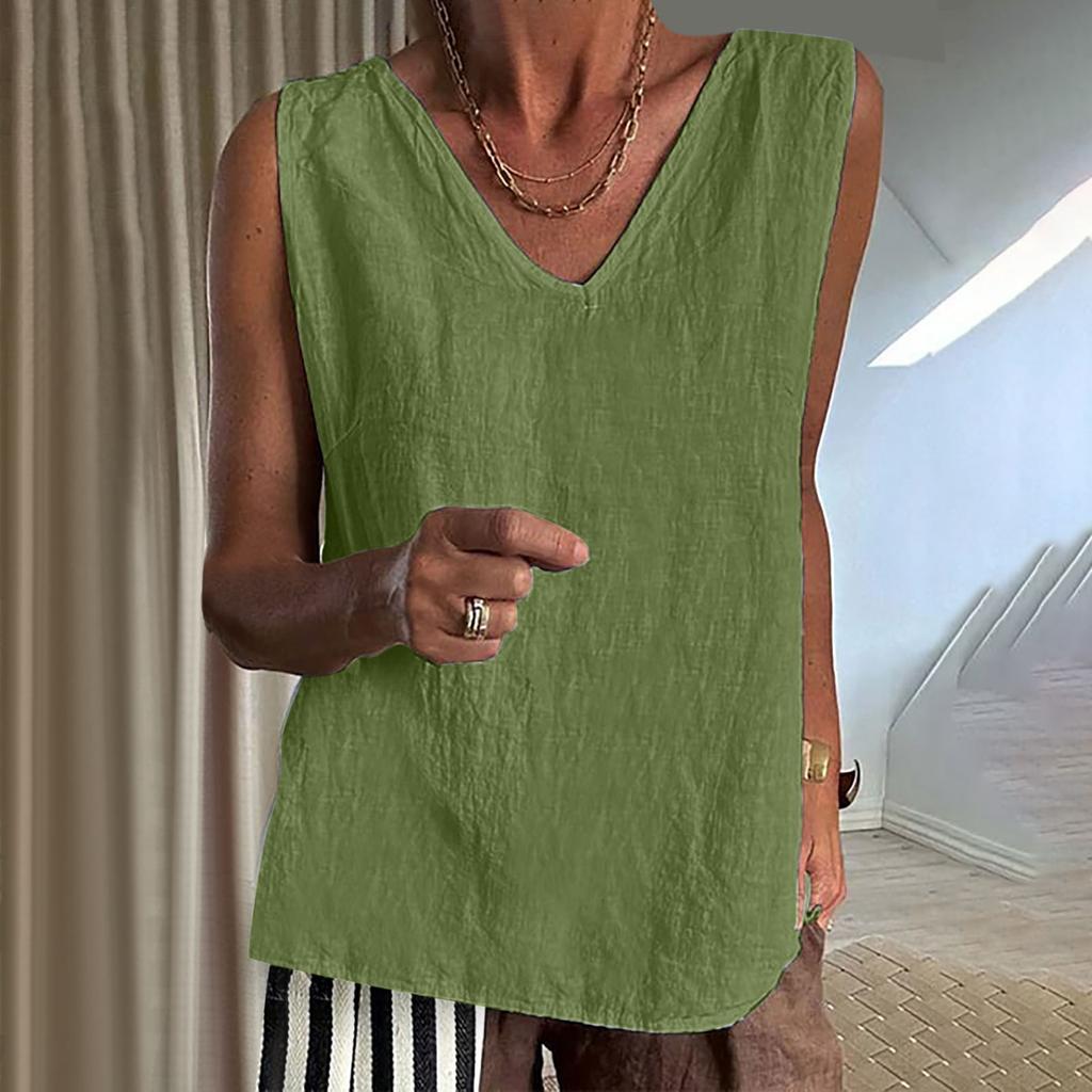 Женская хлопковая льняная майка с высоким воротом, повседневная, с V-образным вырезом, однотонная, без рукавов, летняя базовая хлопковая футболка без рукавов, Ropa De Mujer