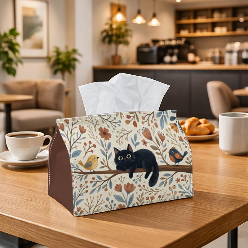 1pc Rustic Whimsical Tissue Box - Cat Bird Floral Branch Napkin Storage Box, Suitable for Rolls/facial Tissues/single Sheets, Multi-functional Storage