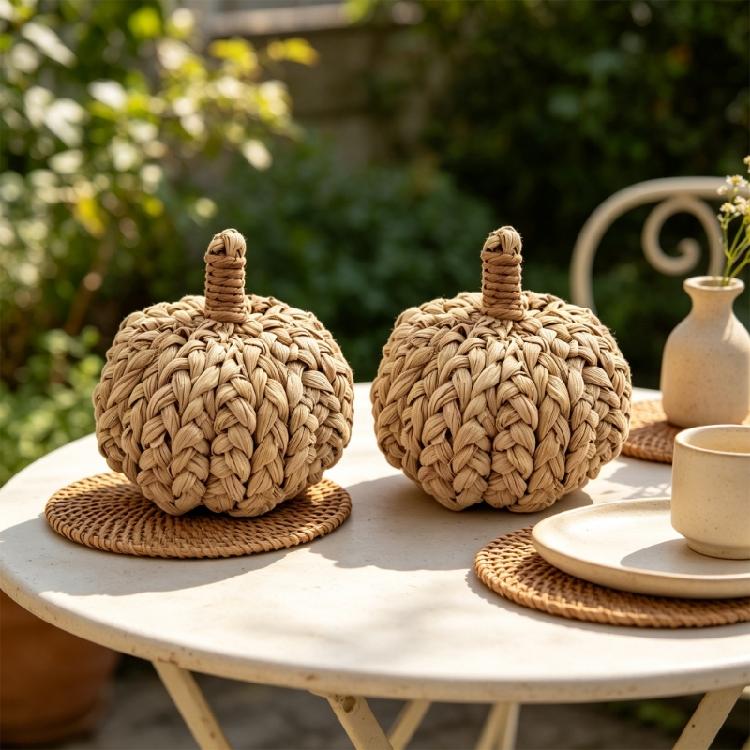 Thanksgiving Pumpkins Decors Accent, Woven Farmhouses Tabletop Ornament with Natural Braided Texture for Shelf and Harvest Styling