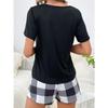 Women's New Style Pajamas Set Black Top Plaid Shorts Two-piece Casual Home Wear