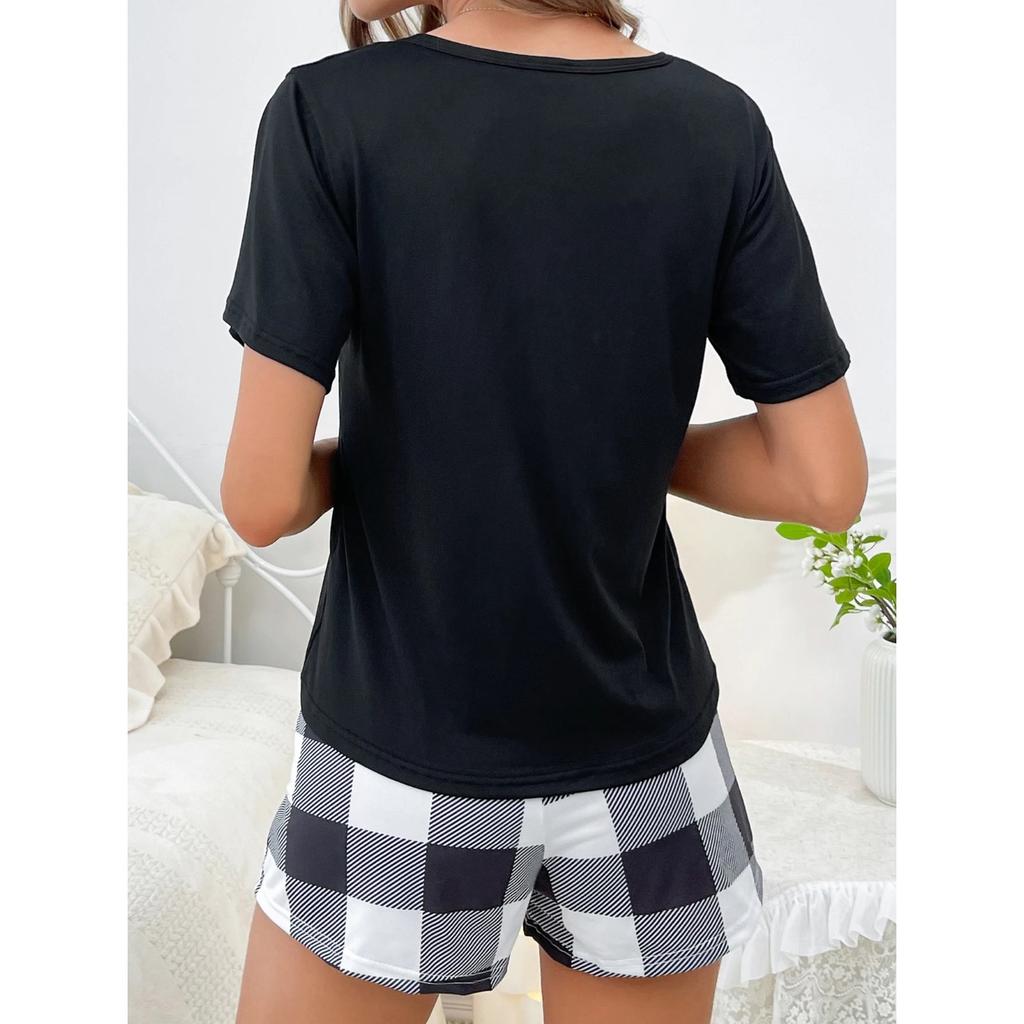 Women's New Style Pajamas Set Black Top Plaid Shorts Two-piece Casual Home Wear