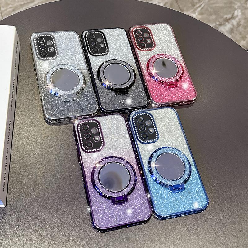 KEYSION Luxury Glitter Jewelled Magnetic Phone Case for Samsung Galaxy A52 S 5G A32 4G Makeup Mirror Stand Shockproof Back Cover