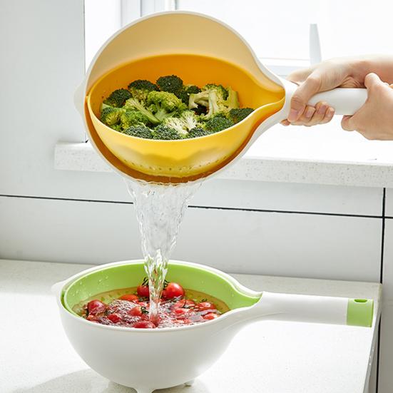 Двухслойная сливная корзина с длинной ручкой, пищевая, без содержания бисфенола А, наклонная, поворотная, быстросливная, миска для очистки фруктов, корзина для хранения