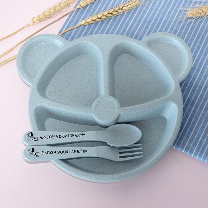 Baby Bowl+spoon+fork Feeding Food Tableware Set Cartoon Bear Kids Dishes Eating Dinnerware Anti-hot Wheat Straw Training Plate