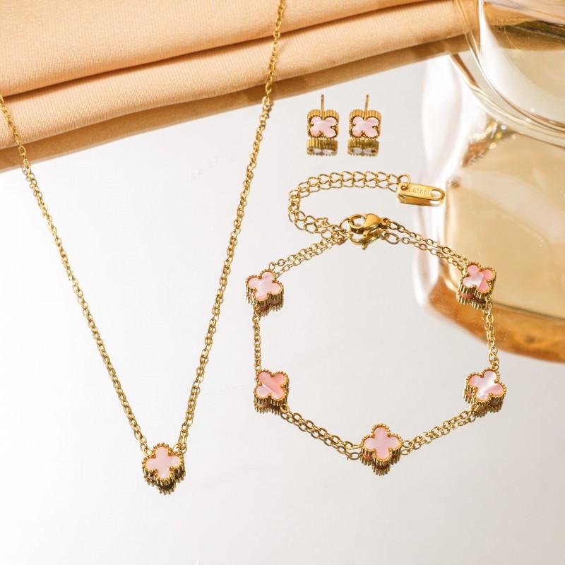 Stainless Steel Gold-Plated Clover Necklace Set Women Gradient Color Pendant DelicateChain Earrings Fresh Sweet Style