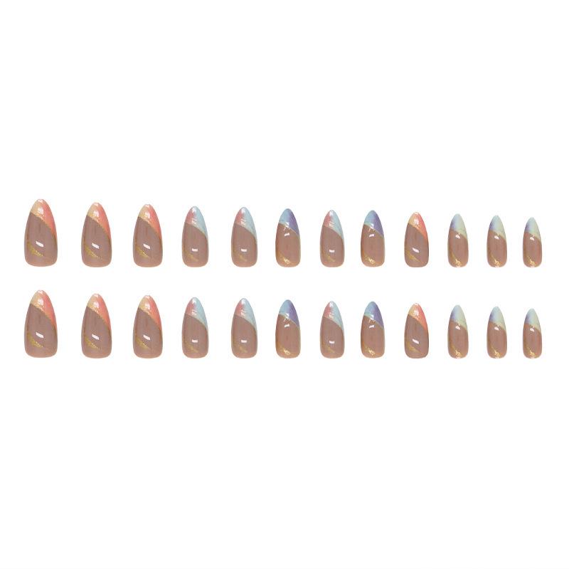 Шикарные градиентные французские миндалевидные накладные ногти с золотыми акцентами