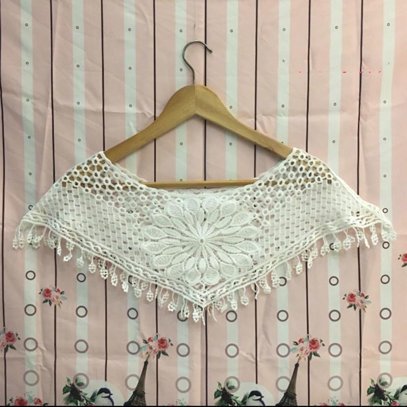 Women's Sweet White Hollow Crochet Lace Tassels Knit Wide Collar Cape Shawl EMA