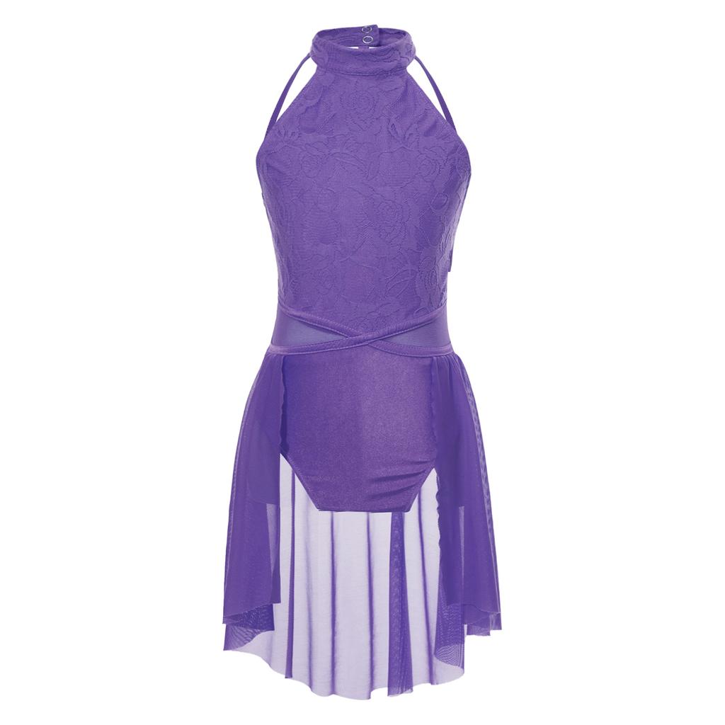 Лирическое платье для девочек, кружевное платье с цветочным принтом и открытой спиной, танцевальное трико с неровным подолом, детская танцевальная одежда