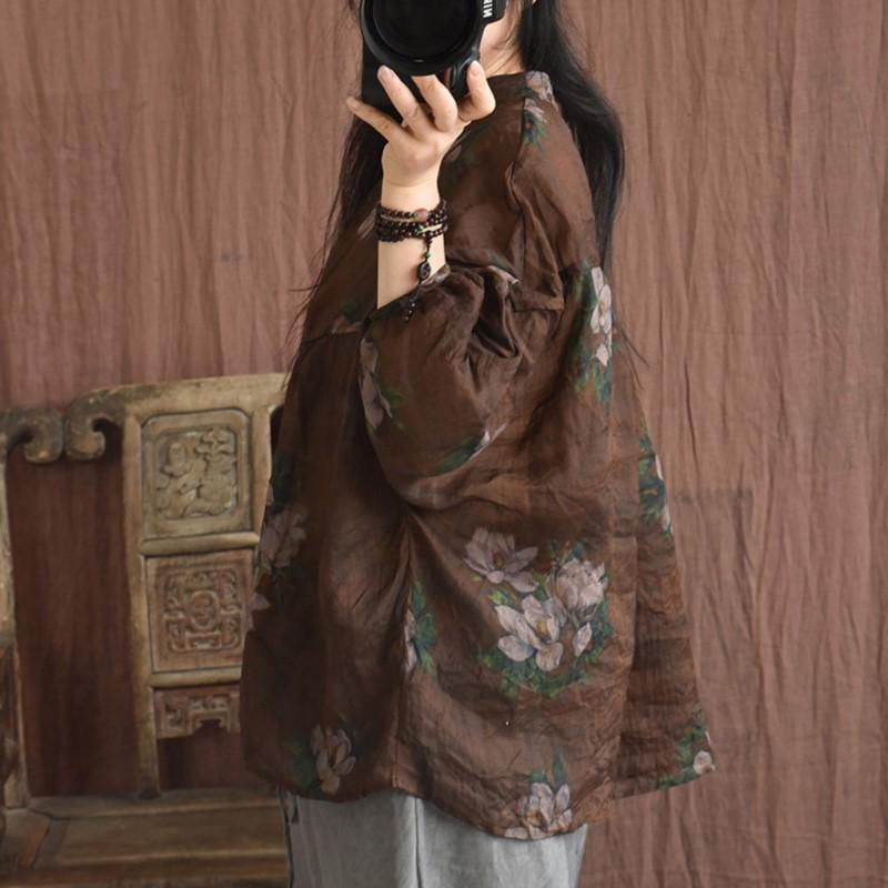 Johnature Женские винтажные футболки Ramie, футболки с v-образным вырезом и длинными рукавами, цветочный принт, одежда высокого качества, весенние свободные футболки