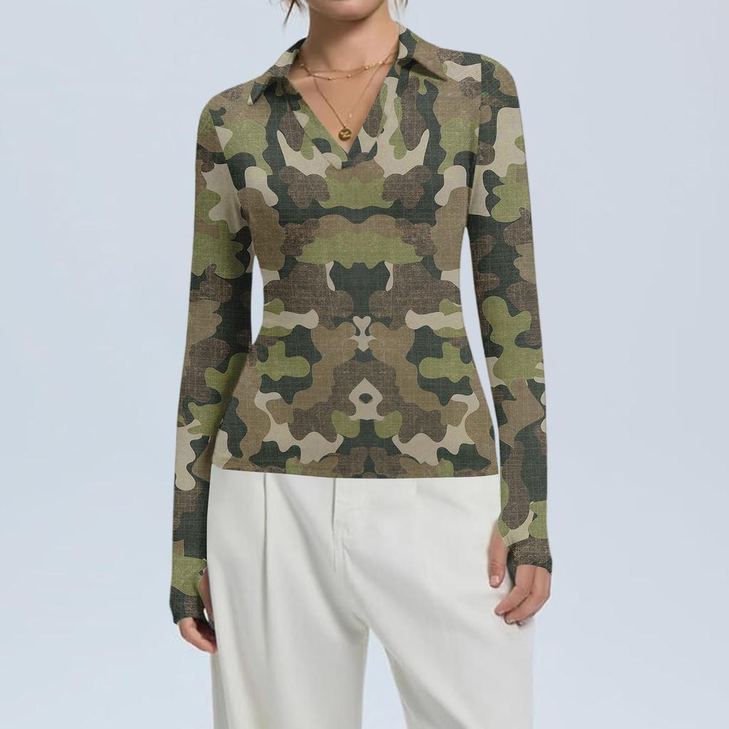 Women's Fashion Casual Print V-Neck Long Sleeve Button-Down Top