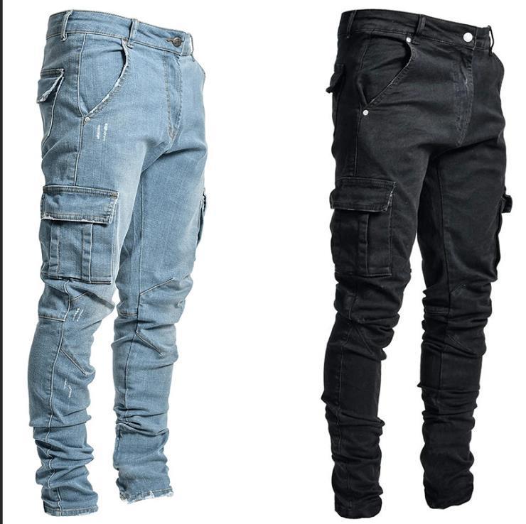 Street Elastic Jeans Men Denim Cargo Pants Wash Pockets Casual Waist Wear Joggers