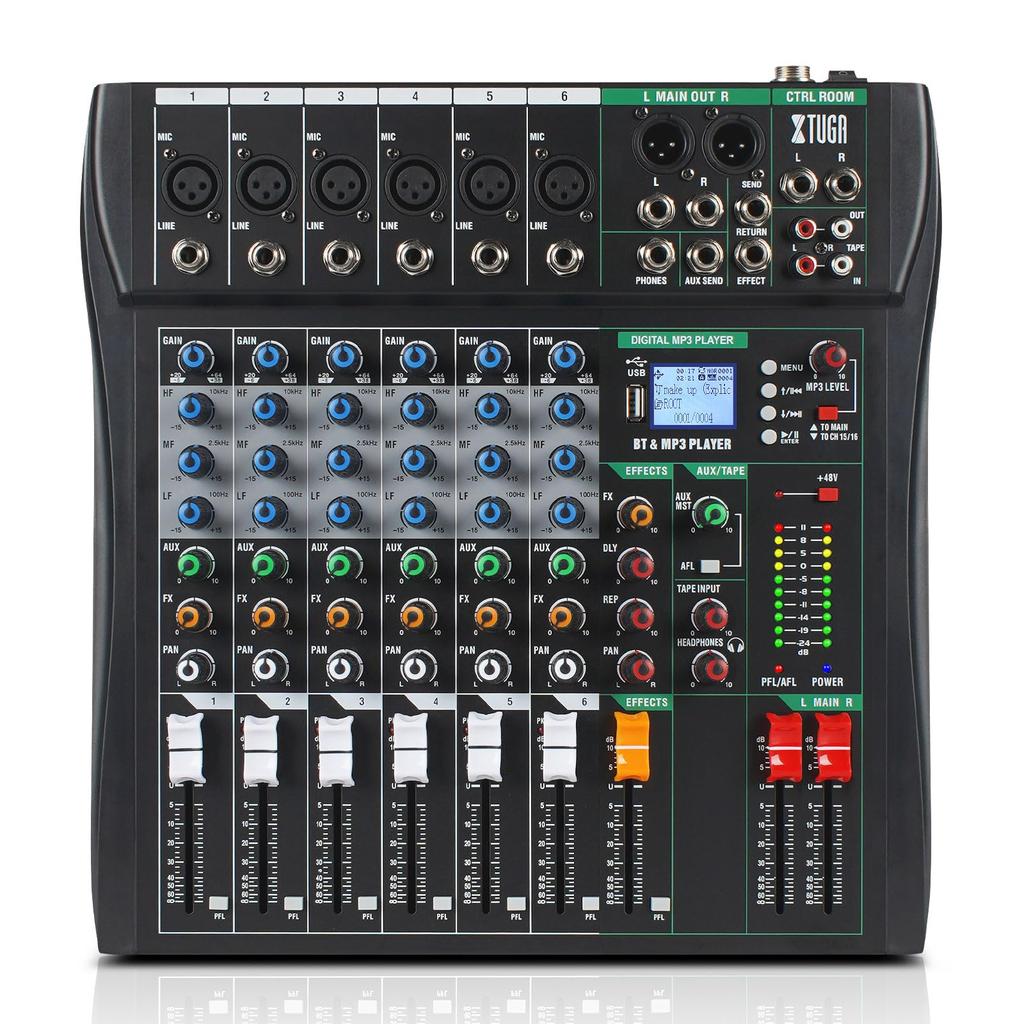 XTUGA CT60 6 Channel Audio Mixer Portable Mini Sound Mixing USB Echo Reverb 48V Phantom Power Bluetooth PC RCA for EQ Digital Effects Studio Mixer