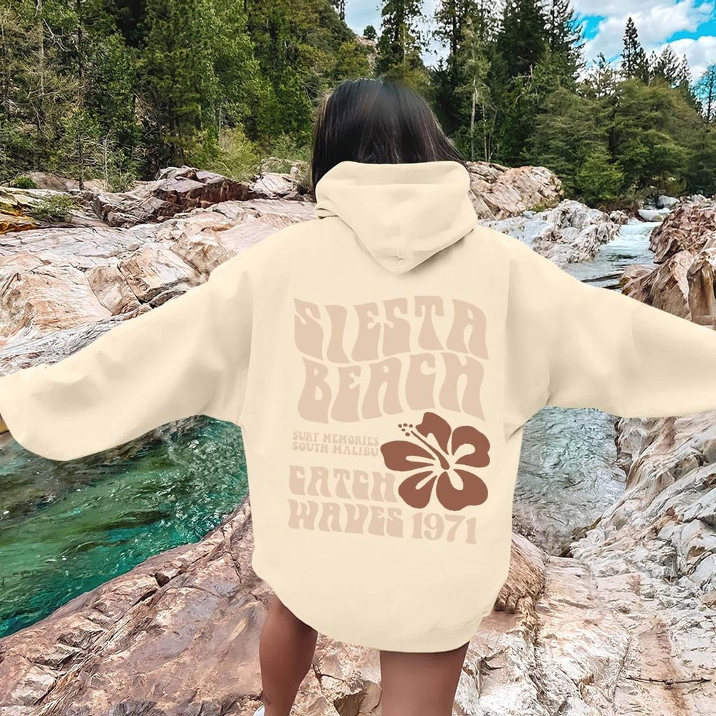 Women's Fashion Long Sleeve Sweatshirt Letter Printed Hooded Drawstring Pullover Oversized Pocket Sweatshirt Top