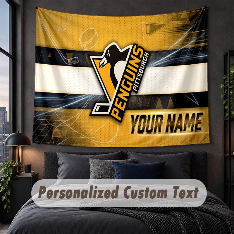 Custom Name Text Tapestry,Pittsburgh Penguins Decorative Wall Hanging, Background Tapestry For Home Bedroom