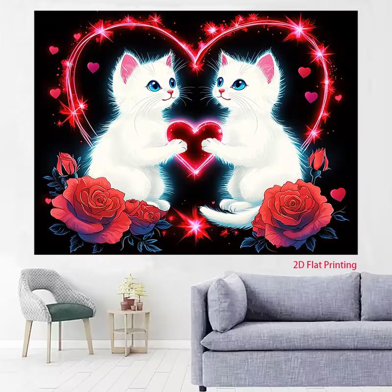 2D Black Valentine Cat Backdrop, White Kittens & Red Roses Background Cloth