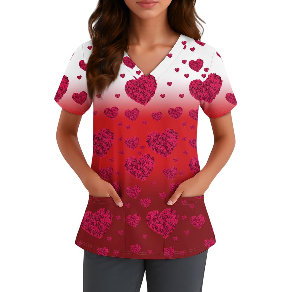 Женская милая блузка с принтом бантиков, рабочая одежда, V-образный вырез, двойной слой, карманы, базовая, с коротким рукавом, пуловер