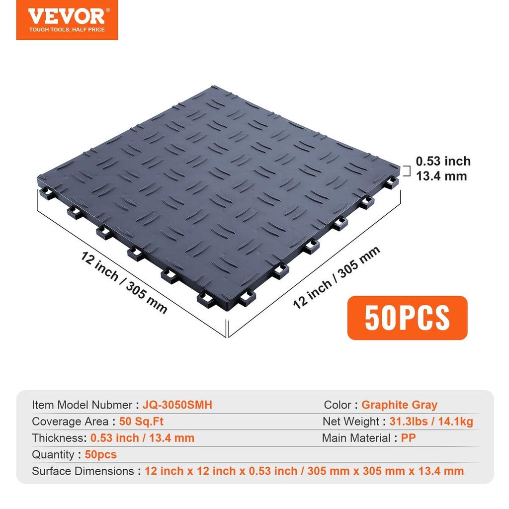 Garage Tiles Interlocking, 12 x 12 x 0.53 inch 50 Pack Garage Floor Covering Tiles, Non-Slip Double-Sided Texture Garage Flooring Tiles, for Garages,