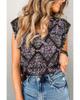 Black Vintage Floral Ruffle Sleeve V Neck Blouse