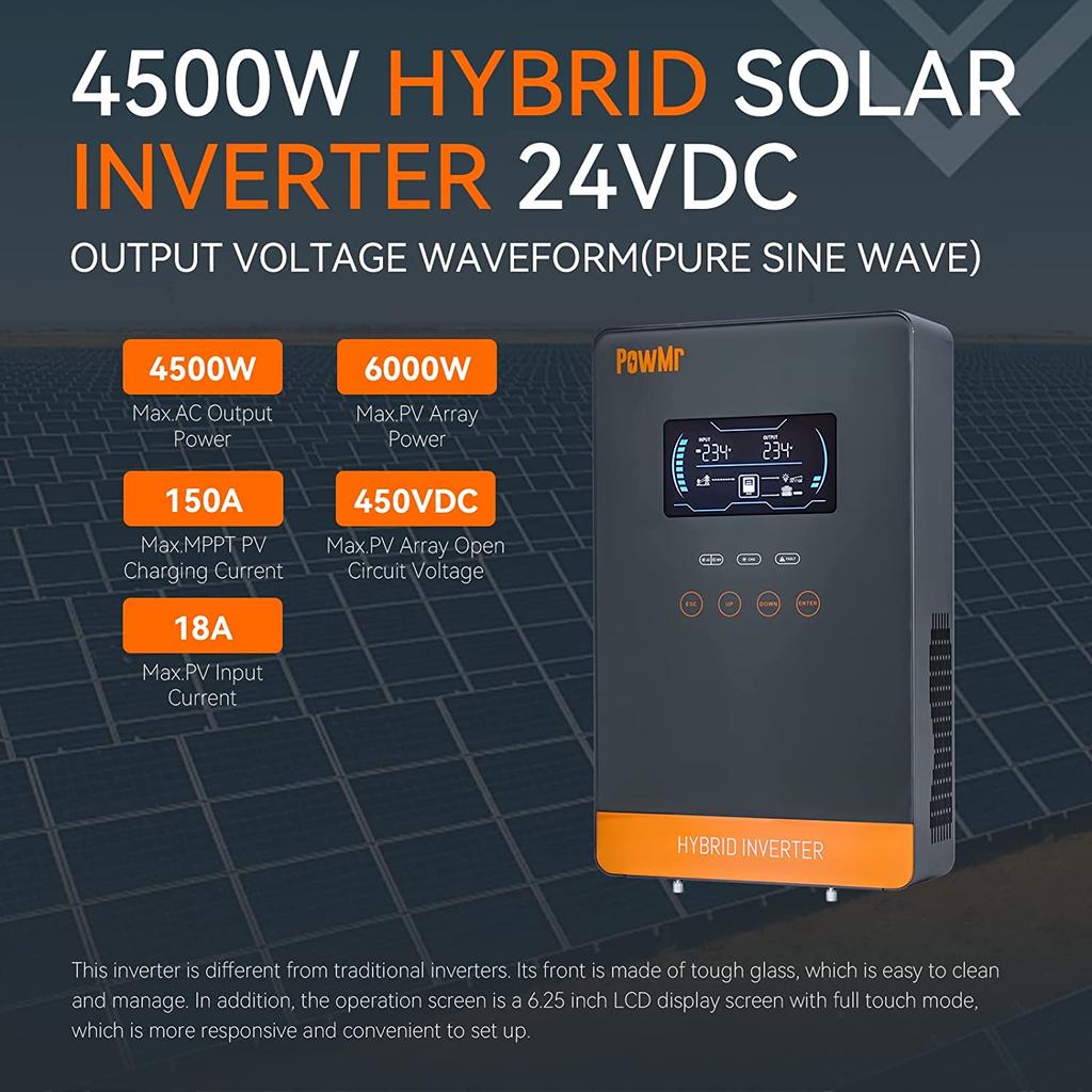 PowMr 4.2KW 4.5KW 6.2KW 6.5KW Гибридный инвертор MPPT Солнечная зарядка DC 24V 48V to 230V AC Чистый синус Поддержка Off-Grid LiFePo4