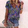 Women's Top Summer New Fashion Rose Flower Multicolored Feather Printed Casual Zipper V-neck Short Sleeve Top