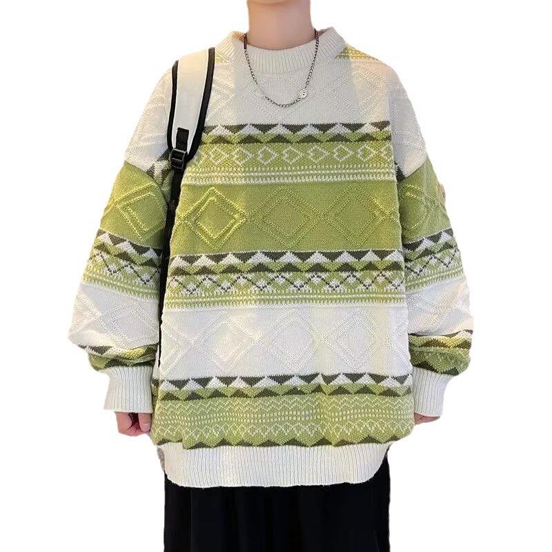 New Spring and Autumn Sweaters for Men, Korean Version, Retro Lazy Style, Loose Striped Casual Tops for Men, Trendy