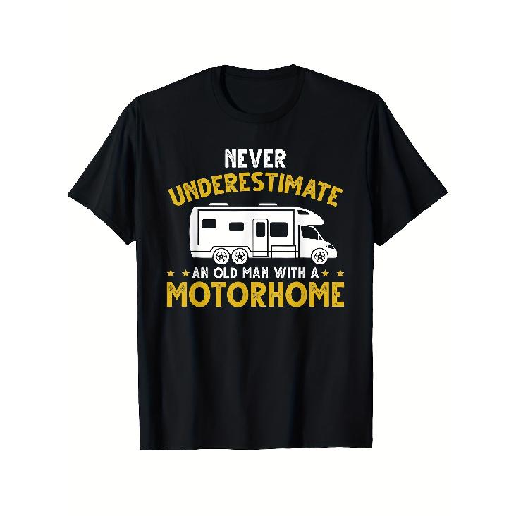 Fun Campervan Outdoor Graphic T-Shirt for Men - Never Underestimate a Man with a Campervan (Slogan). Black with Yellow Print, Short-Sleeved Casual