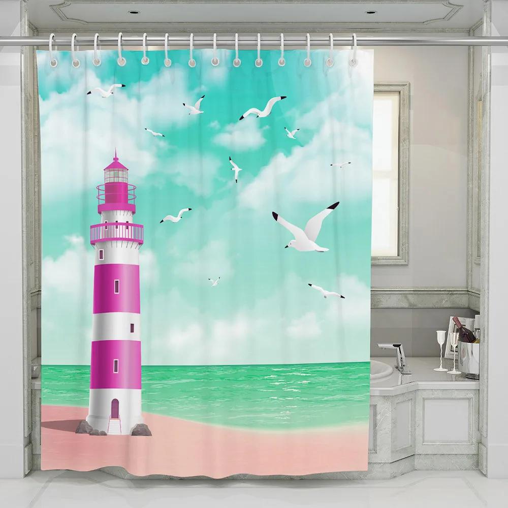 Full Moon Orchid On The Sea Landscape Shower Curtain Set Butterfly Marine Beach Turtle Wooden Board Background Bathroom Curtain