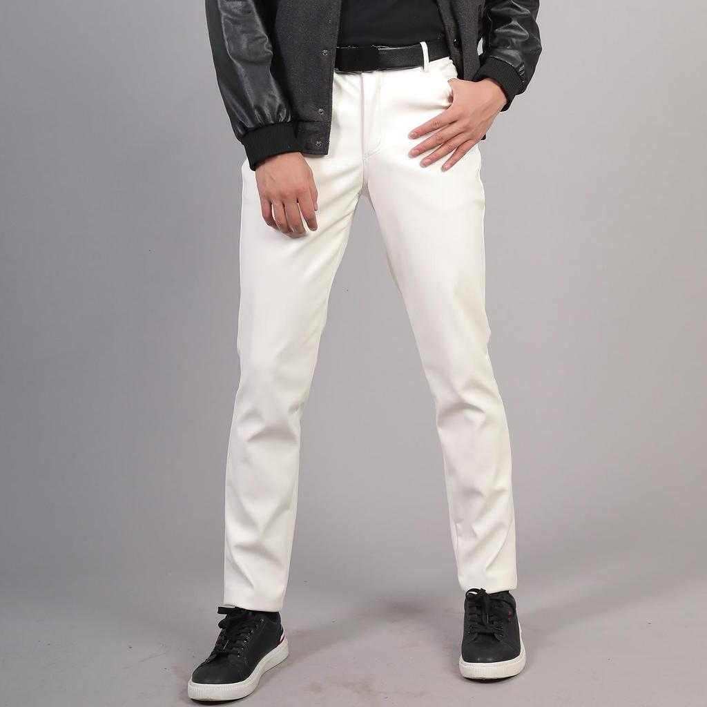 Men's Korean Style Slim Fit Motorcycle Leather Pants - Fleece-Lined, Skinny, Elastic, Spring/Autumn Trend