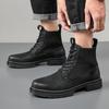 Men's Trendy British-Style Genuine Leather Lace-Up Martin Boots, Thick Sole, High Top, Elastic Design, Suitable for Outdoor Hiking.