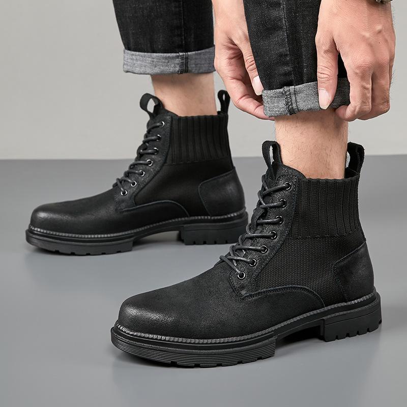 Men's Trendy British-Style Genuine Leather Lace-Up Martin Boots, Thick Sole, High Top, Elastic Design, Suitable for Outdoor Hiking.
