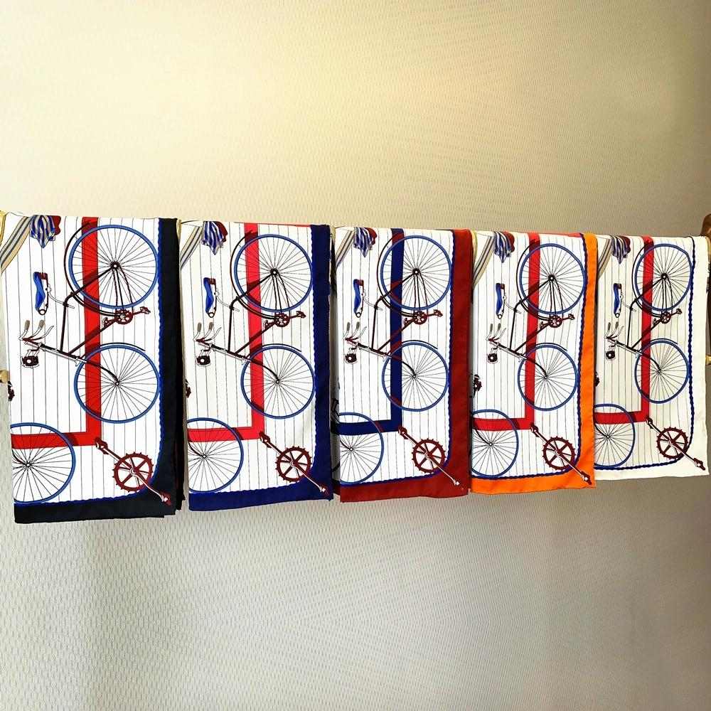 990CM Hand-Rolled Edge Bike And Hat Printed Square Scarf Sun Protection Twill Silk Shawl Women Luxury Handmade Curled Headscarf