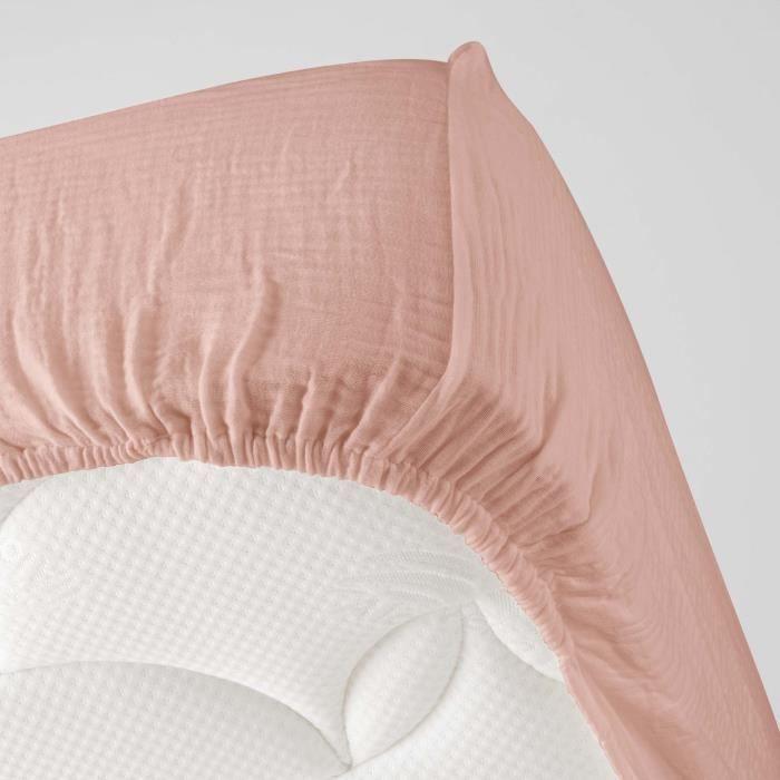 Drap housse - Angelia - 140 x 190 cm - Gaze de coton - Bonnet 30 cm - Uni rose
