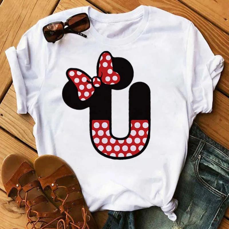 Милая футболка Disney с мультяшным Микки Маусом Женская блузка Женские топы Футболка с принтом букв Минни Белая футболка Свободная одежда для девушек в стиле хиппи