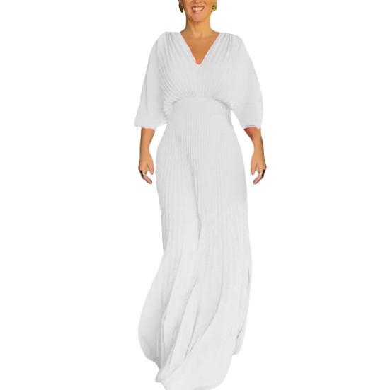 Women Evening Dress Dolman Sleeves Pleated V Neck Pure Color High Slim Waist Full Length