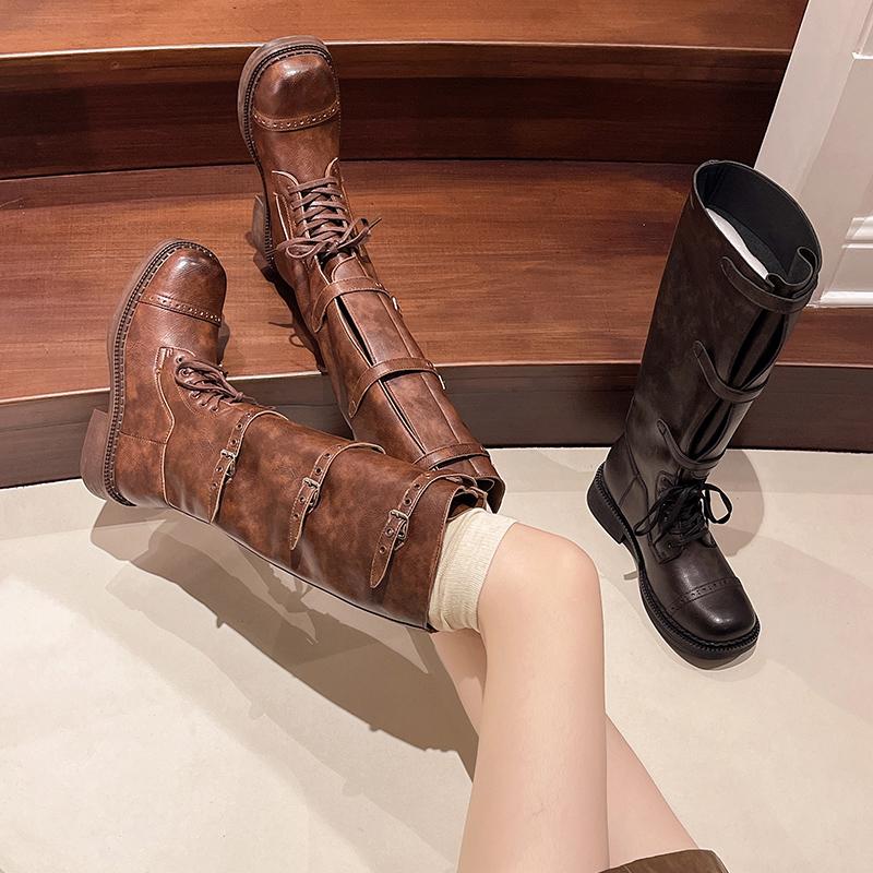 Fashion Brand New Winter Buckles Fashion Street Riding Boots Cool Chunky Heels Knee High Motorcycles Boot Shoes for Women