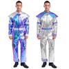 Mens Alien Robot Costume Retro Space Theme Long Sleeve Jumpsuit Shiny Metallic Halloween Party Outfit