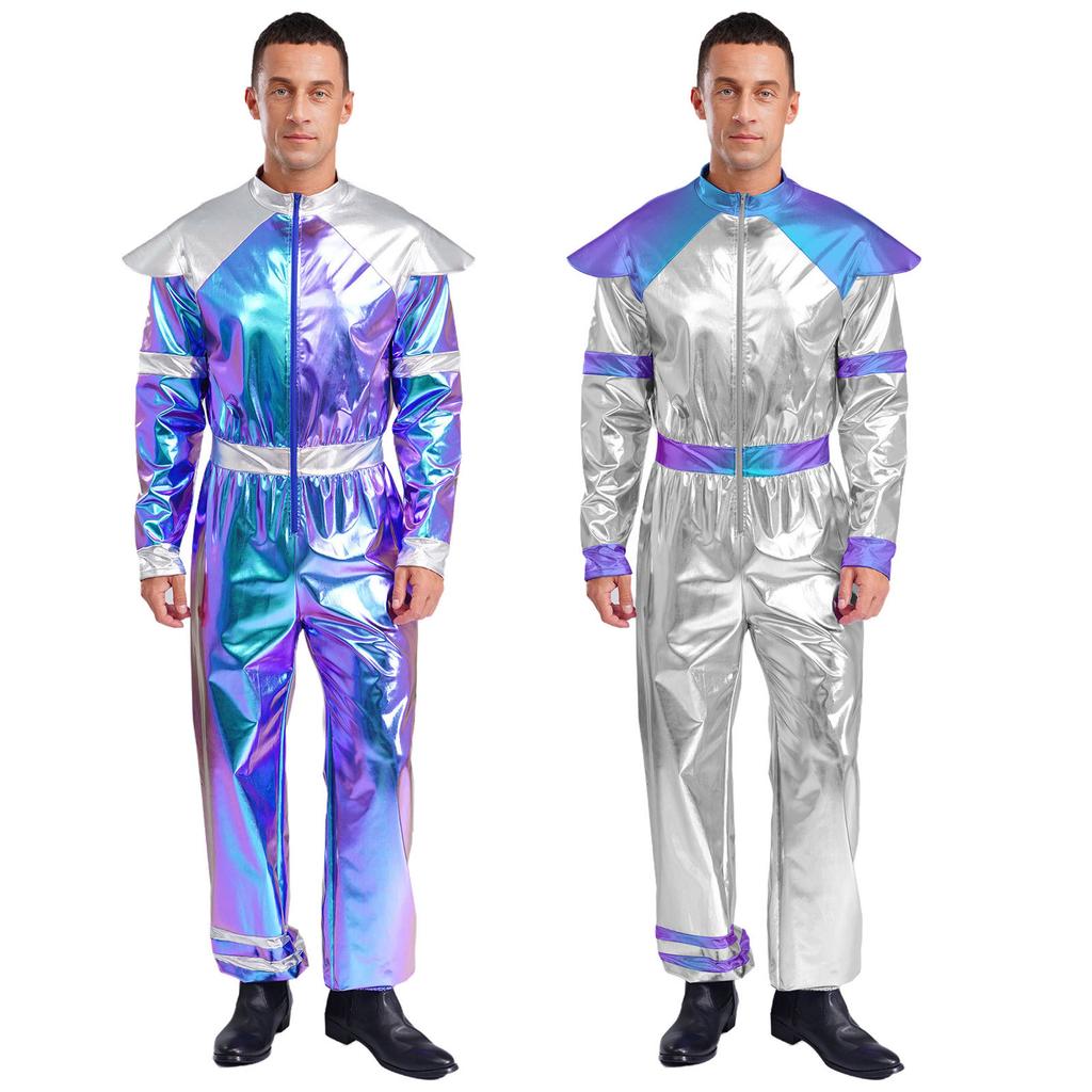 Mens Alien Robot Costume Retro Space Theme Long Sleeve Jumpsuit Shiny Metallic Halloween Party Outfit