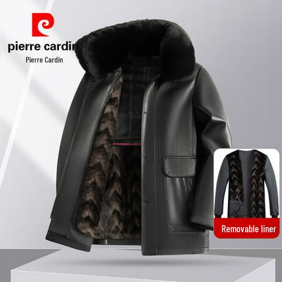 Мужская кожаная куртка Pierre Cardin 2025 с воротником-стойкой - Повседневная, Универсальная, Теплая, С подкладкой из бархата для мужчин среднего возраста
