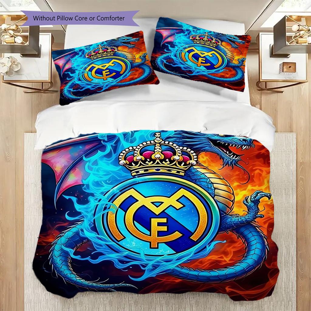 Комплект постельного белья с узором ФК Реал Мадрид Одеяло Покрывало Наволочка Домашний Декор Подарок на День Рождения (1 пододеяльник + 2 наволочки, без наполнителя)